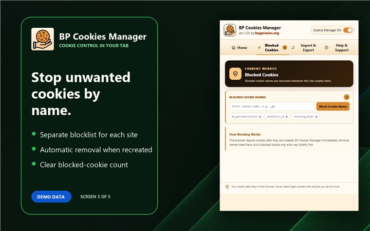 BP Cookies Manager: Edit, Block and Export Cookies 6 BP Cookies Manager rules for blocking selected website cookie names