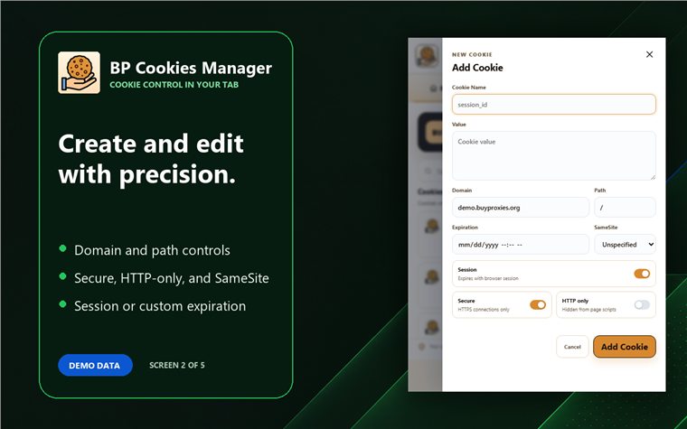 BP Cookies Manager: Edit, Block and Export Cookies 5 Cookie editor for value, domain, path, expiration, Secure, HTTP-only and SameSite attributes