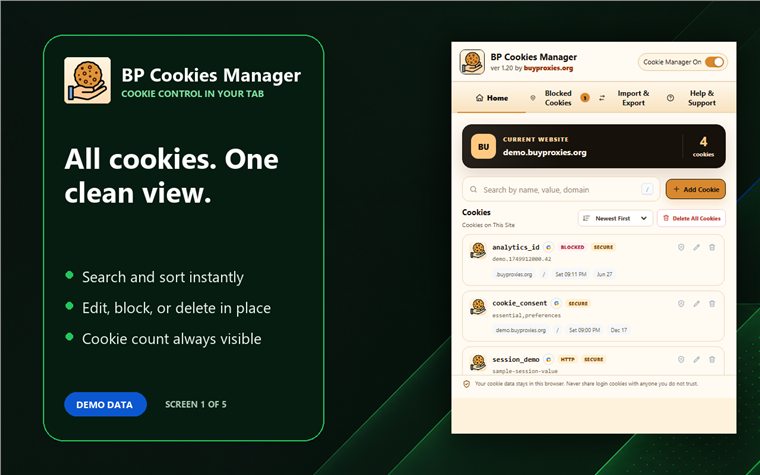 BP Cookies Manager: Edit, Block and Export Cookies 4 BP Cookies Manager current-tab cookie list