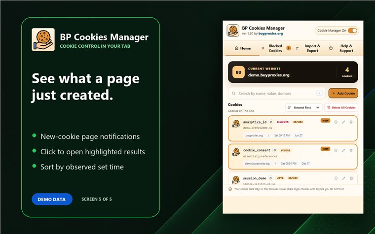 BP Cookies Manager: Edit, Block and Export Cookies 8 BP Cookies Manager notification for newly created cookies
