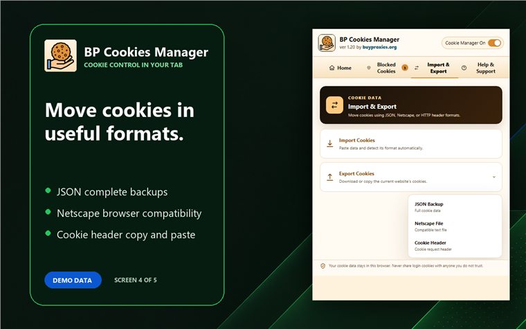 BP Cookies Manager: Edit, Block and Export Cookies 7 Import and export cookies in JSON, Netscape and Cookie header formats