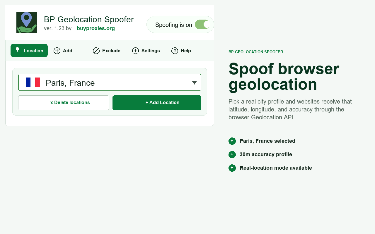 BP Geolocation Spoofer popup showing Paris France selected
