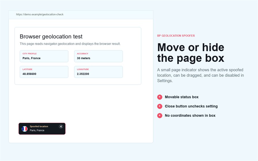 Active spoofed location badge displayed on a website