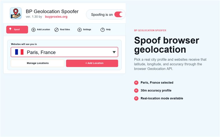 BP Geolocation Spoofer location selector showing selected browser geolocation profile