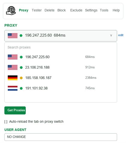 BP Proxy Switcher add proxy list editor with proxy type, proxy formats, country detection and test each proxy option
