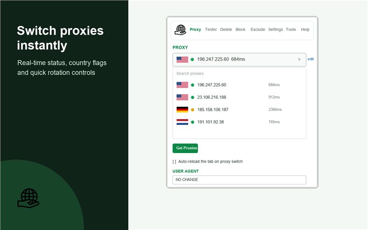 BP Proxy Switcher proxy control screen showing proxy dropdown, country flags, search, auto reload and user agent selector