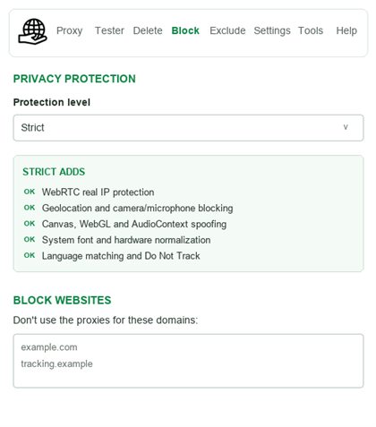 BP Proxy Switcher privacy and cleanup panel with browsing data deletion and privacy protection levels