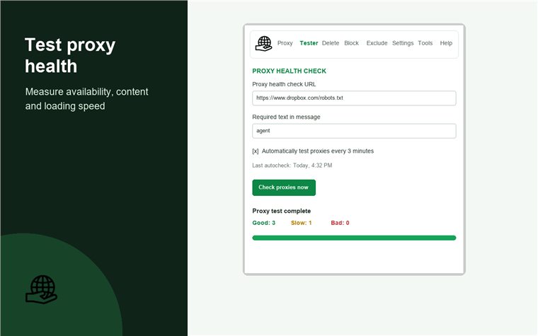 Proxy health check and proxy speed test tutorial screenshot showing good slow bad proxy results