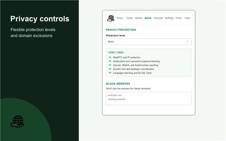 BP Proxy Switcher WebRTC leak protection, geolocation blocking, fingerprinting protection and privacy levels screenshot