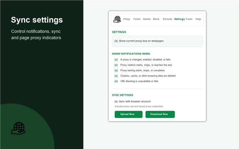 BP Proxy Switcher settings sync bypass list notifications and cleanup controls screenshot