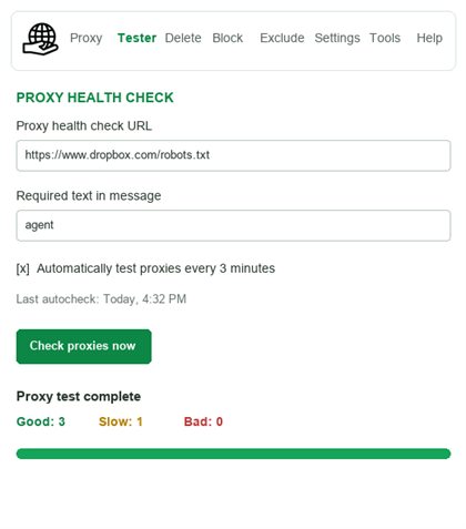 BP Proxy Switcher tester panel with automatic proxy testing, test URL, required text, remove bad proxies and progress controls