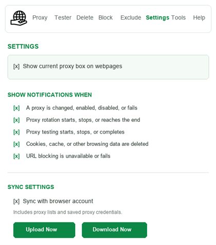 BP Proxy Switcher settings panel with current proxy box, notifications, sync upload and sync download controls