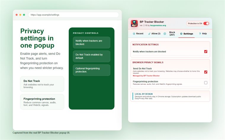 BP Tracker Blocker: Block Trackers, Ads and Analytics 7 Browser privacy and fingerprinting protection controls in BP Tracker Blocker