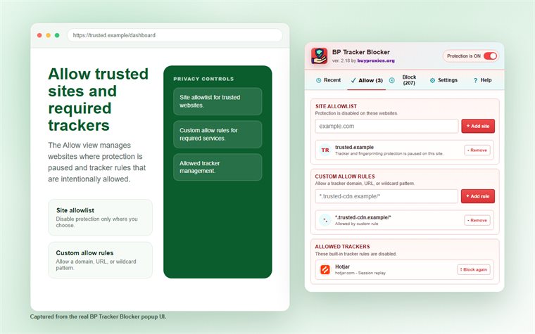 BP Tracker Blocker: Block Trackers, Ads and Analytics 6 BP Tracker Blocker website allowlist and custom rules