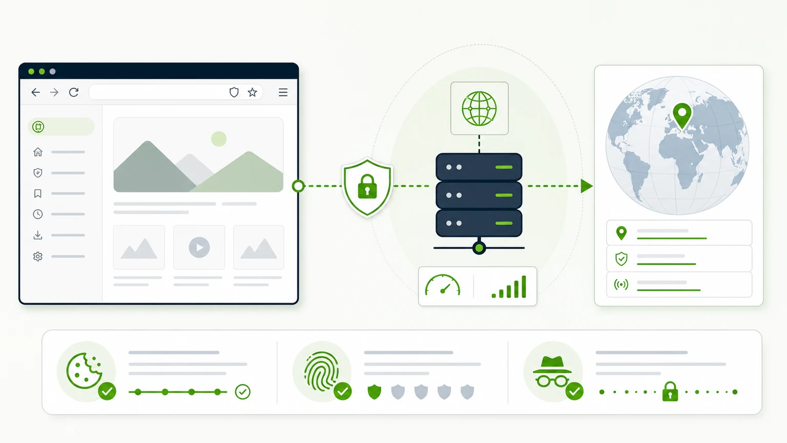 Private browsing proxy workflow with a browser, proxy server, protected IP route and location check