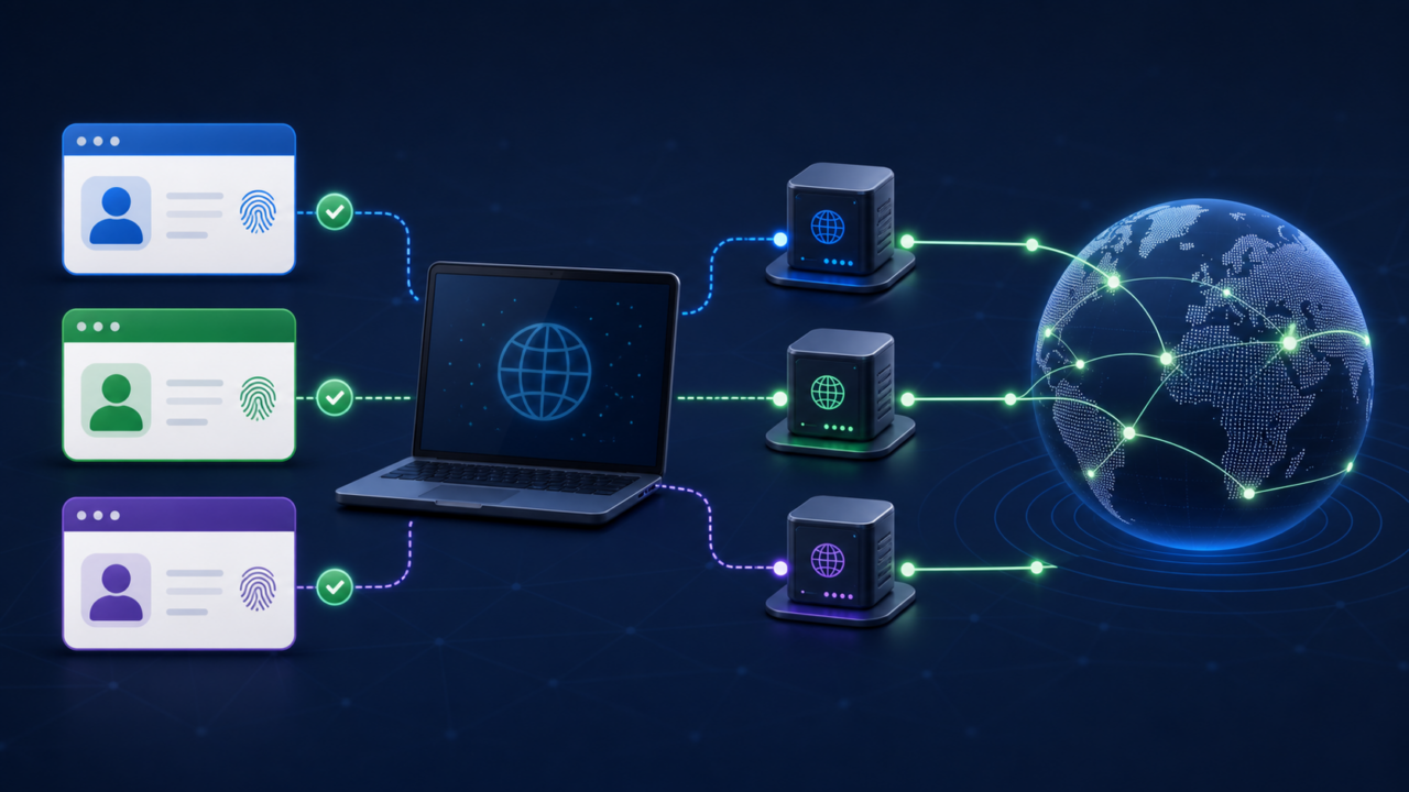 Separate browser profiles routed through individual proxy gateways