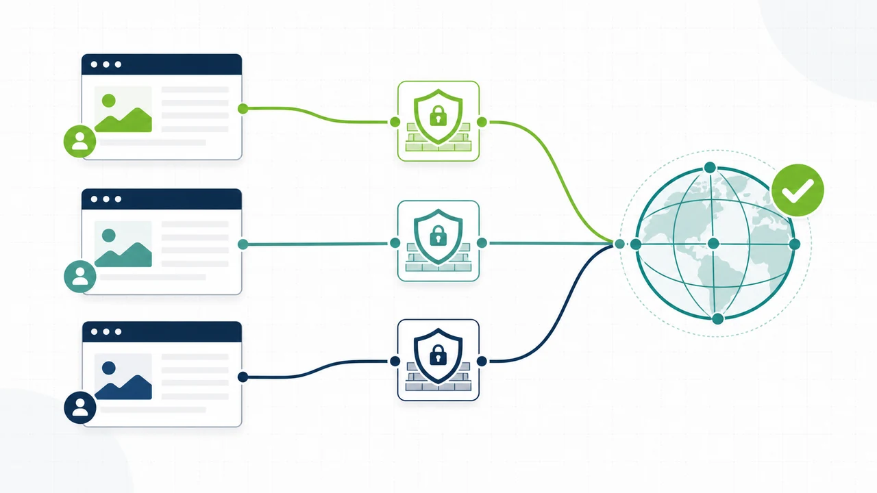Three BitBrowser profiles routed through separate proxy gateways