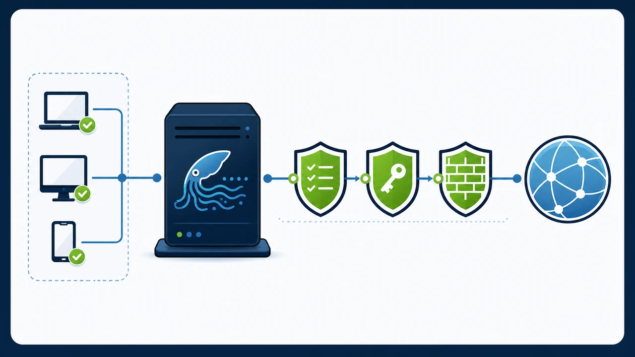Squid Server Configuration: Secure Setup Guide 1 Authorized clients connecting through Squid ACL, authentication, and firewall controls